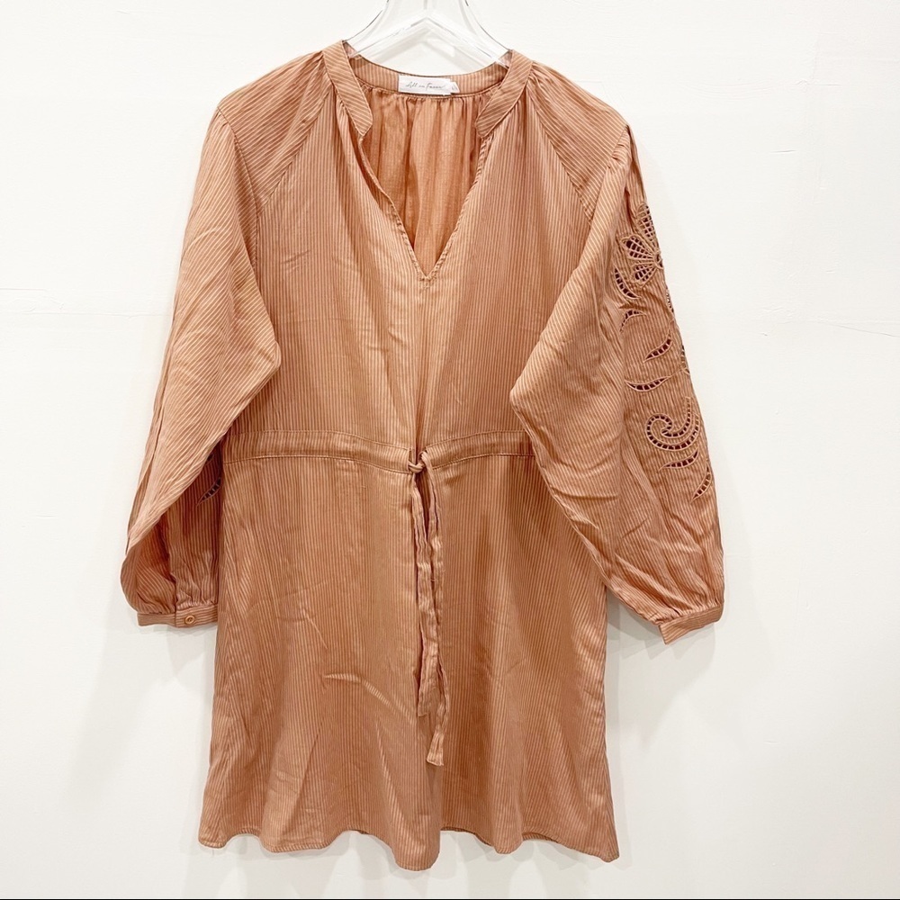 All In Favor Stripe Eyelet Balloon Sleeve Long Sleeve Dress in Pecan Pink Large